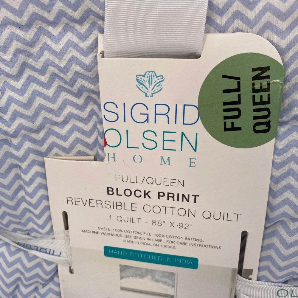 Sigrid Olsen Home Reversible Quilt Full/Queen Blue Chevron Block Print Cotton